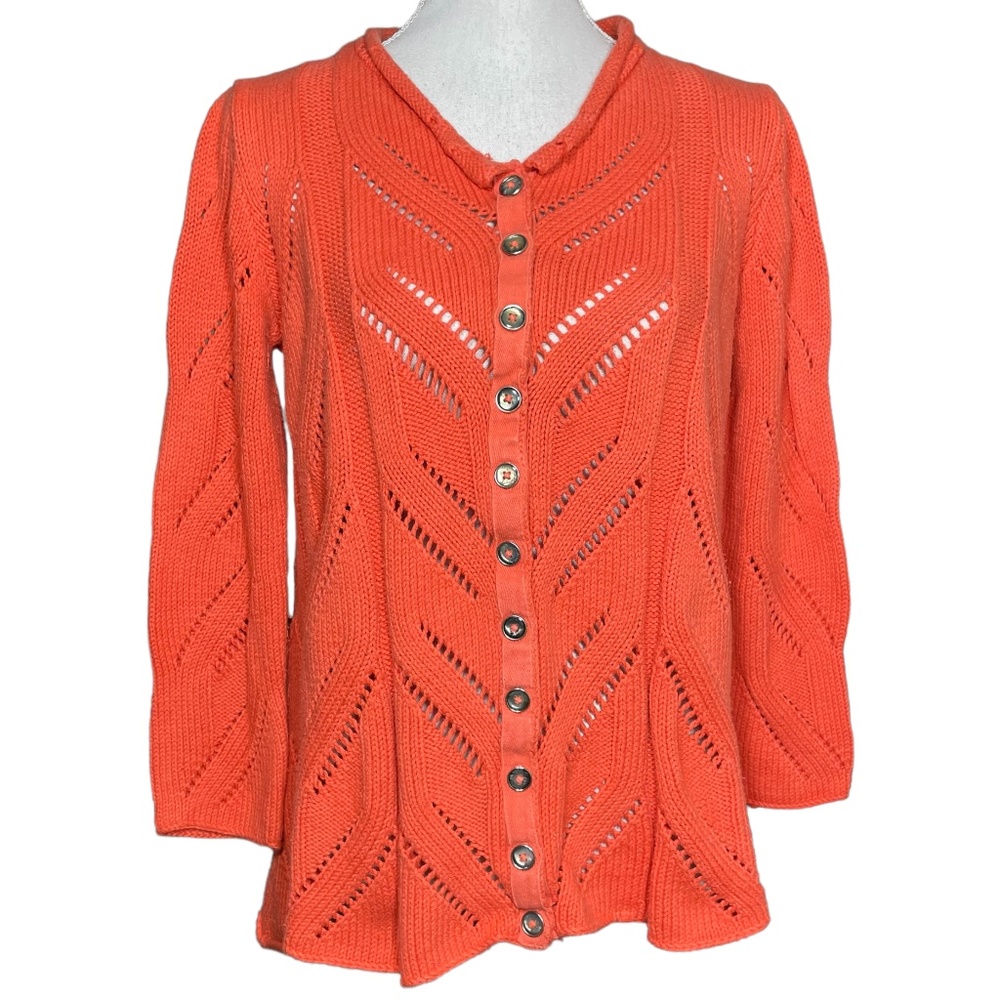 100% Cotton Pointelle Cardigan S M Pure Sweater Orange Mother of Pearl Button Up
